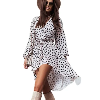 Elegant Neregulate Înghiți Coada Rochie Mini Femei Polka Dot imprimare Leopard Dulce Bohemia Felinar cu Maneci Lungi din Dantela-up Rochii de Petrecere