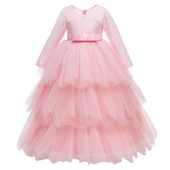 Roz Lung Domnișoara De Onoare Dress Elegant Tul Copiilor Tort De Mireasa Mâneci Lungi Formale Fata De Partid Rochie De Printesa 4-14 Ani