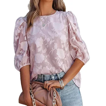 Moda Pentru Bluze Femei Dulce Textură Floral Jacquard Tricouri Pentru Vara Noi Volane Backless Mozaic Guler Rotund Topuri