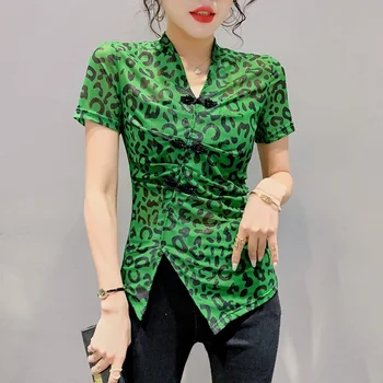 #6041 materialul din material Vară Vintage Tricou Femei V-gât Stil Chinezesc Casual, Skinny T Shirt Femei Butoane Leopard Asimetric T-shirt Femme