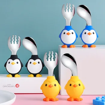Desene animate pentru Copii Lingura Furculita Tacamuri pentru Copii Consumul de Formare Furculiță Lingură 316L Pinguin din Oțel Inoxidabil Furculiță Lingură Pot Fi Stocate