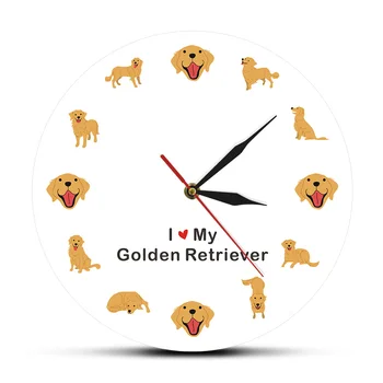 Îmi Place Golden Retriever De Companie Câine De Desene Animate Design Acrilic Imprimate Ceas De Perete Rasa De Câine Agățat De Perete Ceas De Ceas Pet Shop Decor