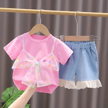 Fete de Vara Noi Dot Dantela Bowknot Maneci Scurte T-shirt Copii-coreean de Externe Stil 1-4 Ani Set de Copii Denim pantaloni Scurți Set de Două Piese