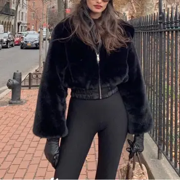 Iarna Faux Blana Jacheta Femei Haină Scurtă Caldura Moda Gotic Casual Negru Jachete Cu Glugă Uza Paltoane Supradimensionate