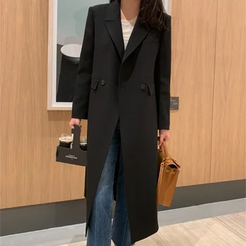 2021 toamna anului nou costum negru palton femei versiunea coreeană drept tub subțire, mediu și lung maneca potrivi guler blana BF