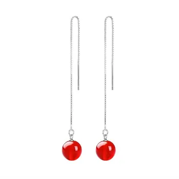 925 Sterling Silver Cercei Șirag De Mărgele Roșii Pe Timp Tassel Cercei Pentru Femei De Moda De Mult Picături Auriculare Simple, Populare Picaturi De Ureche Bijuterii