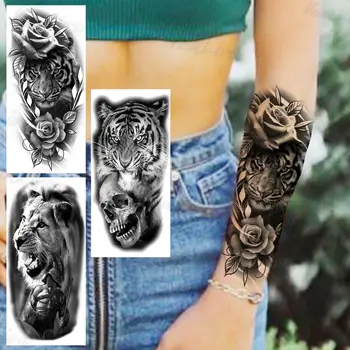 Mare De Flori De Trandafir Tigru Tatuaje Temporare Pentru Femei Adulți Realist Leu Cavaler Craniu Autocolant Tatuaj Fals Brațul Creative De Tatuaje