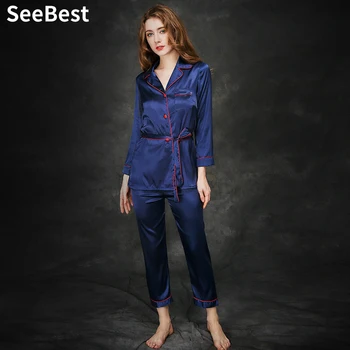 Seebest Nou Stil de Tors Pijamale de Mătase pentru Femei Primavara cu Maneci Lungi Pantaloni de Mătase Trening Femei Pijama Set Haine de Toamna Femei