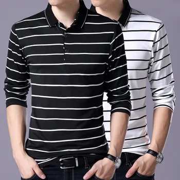 Barbati maneca lunga T-shirt Rever slim tricou polo de afaceri de moda casual Dungă Alb-negru Bărbați