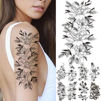 Realist Bujor Flori False, Tatuaje Temporare Pentru Femei Fete Adult Negru Autocolant Tatuaj Frunze De Șarpe De Unică Folosință Tatuaje Body Art