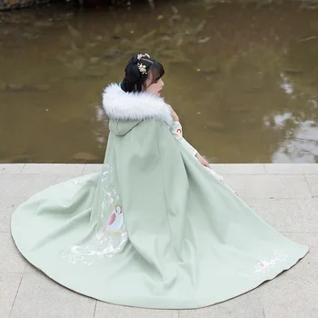 Iarna Originale Hanfu Femei Mantie Stil Chinezesc Prelungit de Pluș Cald Lână Haina de Epocă Industria Grea Broderie