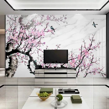 Foto Personalizat Tapet Retro Cerneală Roz Floare De Prun Flori Picturi Murale Camera De Zi Dormitor Decor Romantic Decor Acasă Papier Peint