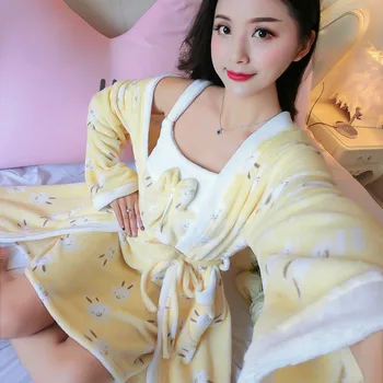 2 BUC Set Halat Femei Flanel Cald Pijamale Groase Homewear cămașă de noapte Galben Coral Fleece Rochie Kimono Sleepwear Set pentru Dormit