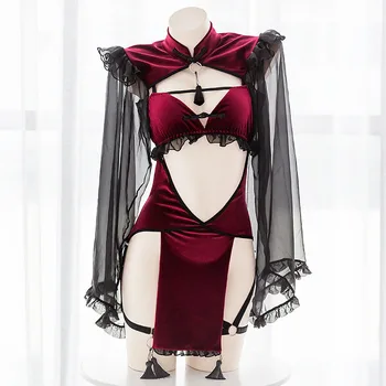 Punk Gothic Black Red Dantelă Lenjerie Sexy pentru Femei Menajera Tentația Răului Demon Deschis Picioare Cosplay Rochie de seara, Costume