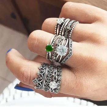 12buc set vintage de personalitate ciolan inele pentru femei cu coroana și încrustații faux verde stras bijuterie de design