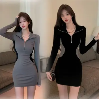 Toamna Iarna Femei Cu Maneci Lungi Mozaic De Moda Sexy Bodycon Eleganta Cu Fermoar Partidul Coreean Club Mini Slim De Bază Rochie Vestidos