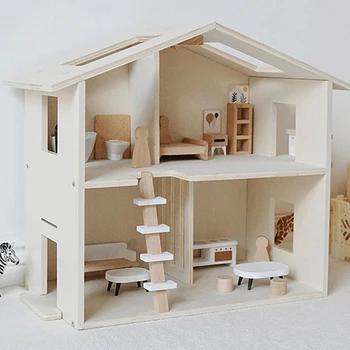 1Set casă de Păpuși din Lemn de Simulare Villa Casă Mică din Lemn, Inclusiv un Set Complet De Mobilier Și Ornamente