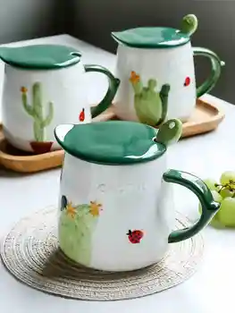 Stil Nordic Cana Ceramica 420Ml de Mare Capacitate Cana de Apa mic Dejun Cafea cu Lapte Set Cana cu Capac Lingura de Cactus Model Bea Cupa