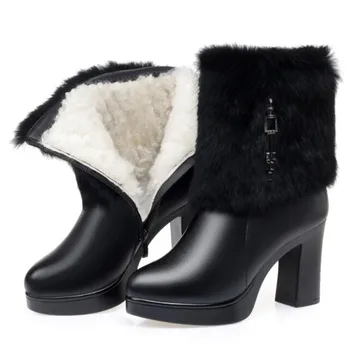 High-end de Blana de Iepure Decor Cald Zăpadă Cizme din Piele Cizme de Interior Pluș Lână de Iarnă Pantofi cu Toc Înalt Cizme pentru femei Cizme pentru Femei