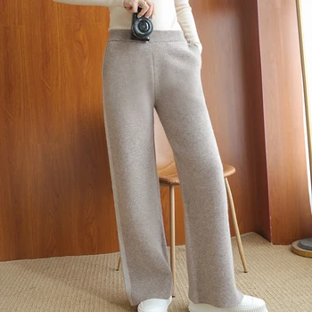 Femei Pantaloni Noi De Toamna De Ceară Moale Confortabil De Înaltă Talie Cașmir Tricotate Pantaloni Sex Feminin 100% Lână Casual Pantaloni Largi Picior De Iarnă