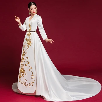 Broderie Albă Femeie Tradițională Chineză Rochie De Seara Cu Maneci Lungi De Decantare De Moda Cheongsam Sexy Qipao Stil Oriental Rochii