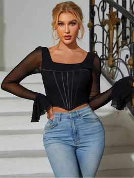 Plasă de înaltă Calitate Bluza Neagra cu Maneca Lunga Bodycon Sus 2022 Dezosare Slim Top Sexy Camasi pentru Femei Petrecere Casual Uzura
