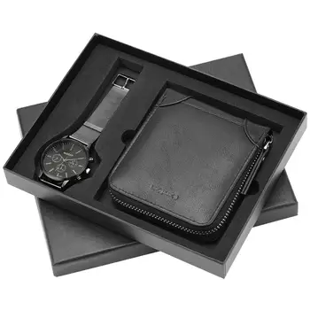 Ceasuri barbati din Oțel Inoxidabil Trupa Cuarț Ceas de mână cu Cataramă de Pin Portofel din Piele Set Cadou pentru Prietenul pentru Tata