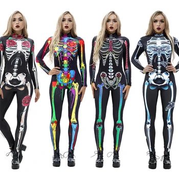 8Style Halloween Cosplay, Costume pentru Femei Adulte Schelet Înfricoșător Body Maneca Lunga Print Petrecere de Carnaval Craniu Fantomă Rochie