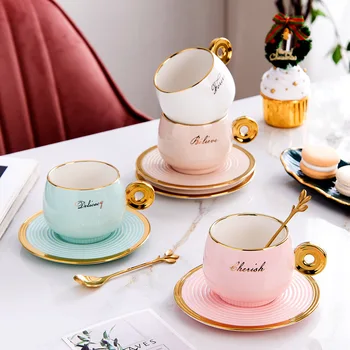 Nordic ceașcă de cafea cu placa ceramica, inel de aur, cu mâner, cana cu tava, Nordic ceașcă de ceai, decorațiuni interioare, cadou de ziua de nastere