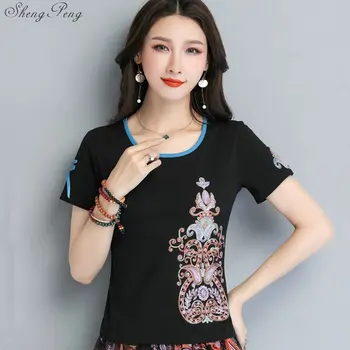 Tendință națională femei slim brodate scurt-maneca o-neck top basic din bumbac tricou stil chinezesc t-shirt 1849