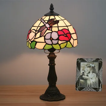 8 Inch Vintage Flori Libelula Lampă De Masă Vitralii Lampa De Studiu Dormitor Noptieră Lumina Tiffany Sticlă, Corpuri De Iluminat