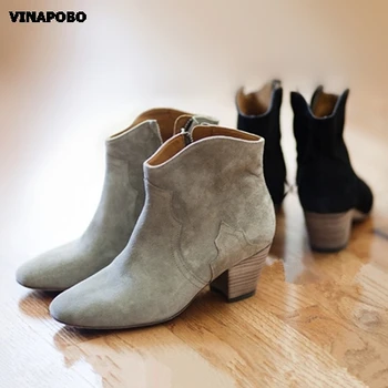 Vinapobo 2018 vânzare la Cald piele de căprioară piele de Vacă glezna cizme tocuri groase femei cizme de primavara toamna doamnelor cizme motocicleta pantofi