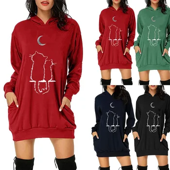 2021 Femei Hoodie Lung Tricou Pulover De Desene Animate, Pisici Model Imprimat Cu Maneci Lungi, Buzunare Tricoul Hoody Rochie, Pulovere