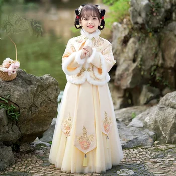 2 Culori Elegante Fete Zână Hanfu Rochie Vintage Stil Chinezesc Iarna Se Ingroase Tang Costum Puf Marginea Cald Costum De Anul Nou