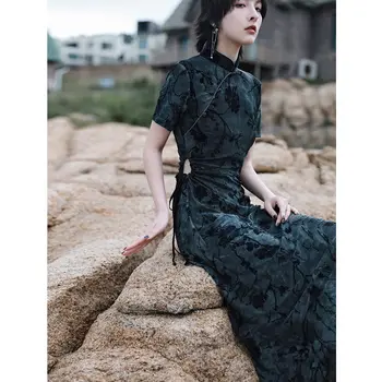 Vintage Dark Hollow Tie-dye Subțire cu mânecă Scurtă Cheongsams Femme 2022 Vara Îmbunătățit de Banchet Rochii de Seara Magazin Online din China