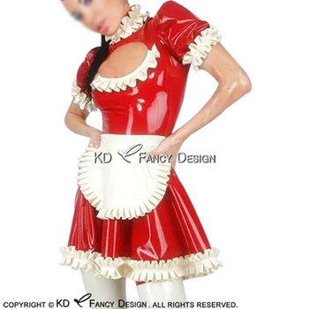Roșu Și Alb Servitoare franceză Sexy Rochie de Latex Cu Șorț de Înaltă Guler cu Fermoar Spate Cauciuc Uniformă Costum Bodycon LYQ-0125