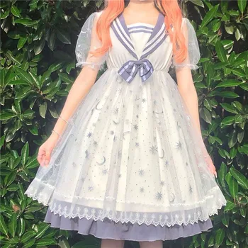Drăguț Dulce Lolita Rochie Kawaii Conceput De Vara Star Bleumarin Guler Maneci Scurte Op Rochii Pentru Femei Anime Talie Mare Cosplay Alb