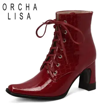ORCHA LISA Design de Pantofi de Femeie Papuceii Pătrat Deget de la picior Toc Indesata 8cm Carouri Dantelă-Up de Mari Dimensiuni 43 44 45 Doamne Mature Boot Birou S4412