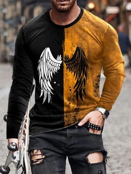 Bărbați Vintage Aripa De Imprimare Slim Tricou De Moda De Primăvară Nou Pulover Barbati Topuri Streetwear 2022 Toamna Cu Maneca Lunga Tricouri Gât O