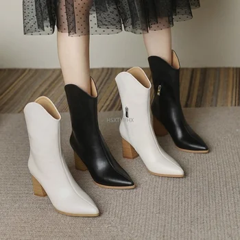 Femei Cizme de Piele de Lux Designer de Pantofi Albi Cizme-Femei Pluș Încălțăminte de Iarnă Toc Plat Moda Med 2021 Toc Ascutit