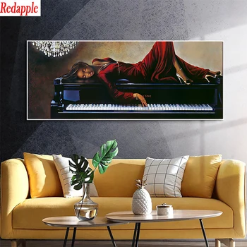5d foto Diamant Rotund Pictura de artă Modernă, elegantă femeie culcat pe pian Burghiu Plin Pătrat de Mozaic Decor lucrate Manual