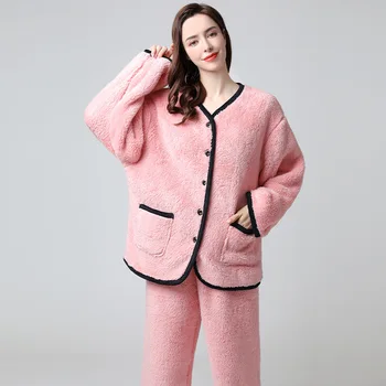 Pijamale Femei Toamna Și Iarna Coral Catifea Plus de Pluș Pentru a se incalzi. Femeile Pot Purta Costum De Flanel Afară În Primăvară Și De Iarnă