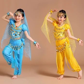 Belly Dance Costum Copii Bollywood Costume de Dans Set Indian Bollywood Copii Rochii 5pcs (Headpieces Voal de Sus Centura Fusta)