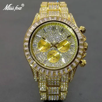 MISSFOX Hip Hop Barbati Ceas de Lux Iced din Aur cu Diamante, Ceasuri de Moda din Oțel Inoxidabil se arunca cu capul Săptămână Ceas de Afișare Dropshipping 2022