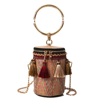LOVIRS Femei Vara Lanț național de vânt inel umăr geanta de paie țesute cilindru mic sac de mici zână ciucure găleată sac