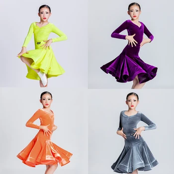 4 Culori latină Performanță Costume de Dans cu Mâneci Lungi de Catifea latino Rochie de Dans Fuste Concurs de Dans Haine SL7508