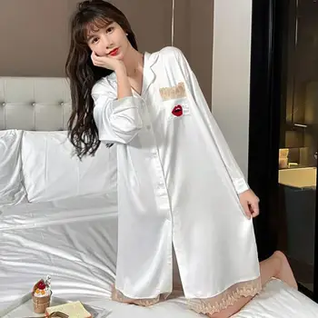 Rever Sleepwear LadySatin Cămașă De Noapte Camasa De Noapte Supradimensionat Toamna Somn Rochie Moale Lounge Purta Kimono Haină De Nuntă Rochie Sleepshirt