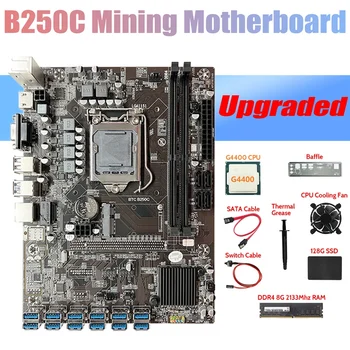 HOT-B250C ETH Miner Placa de baza 12USB+G4400 CPU+DDR4 8GB RAM+SSD 128G+Ventilator+Cablu SATA+Cablu de Switch+Thermal Grease+Șicane