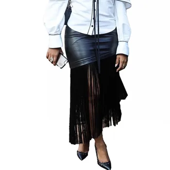 Sexy negru din Piele PU Fusta de Moda pentru Femei Geanta Hip Fusta cu Franjuri, de Înaltă Calitate Asimetrice Mid-Lungime Fusta Noua din Africa de Îmbrăcăminte