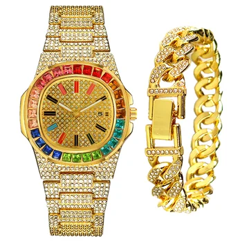 2 buc Cubanez Bratara + Iced Out Ceas pentru Femei Barbati Cuarț Încheietura Ceasuri de Moda de Lux Bling Aur cu Diamante Cuplu Set Ceas de Ceas